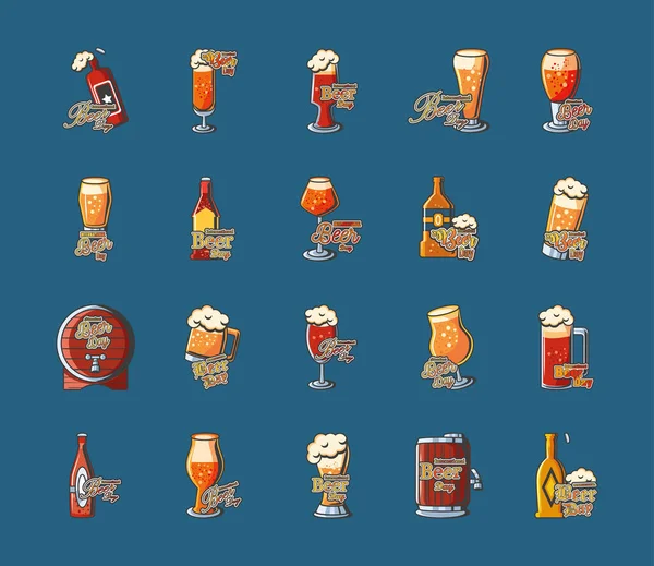 Międzynarodowy dzień piwa szczegółowy styl ikona zestaw wektor projekt — Wektor stockowy