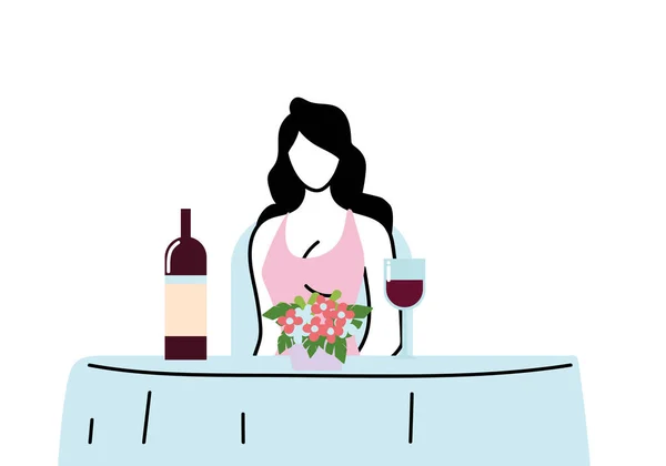Mujer sentada en la mesa del restaurante con diseño de vectores de vino y flores — Vector de stock