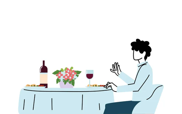 Muž sedí u stolu restaurace s vinnými talíři a květinami vektor design — Stockový vektor