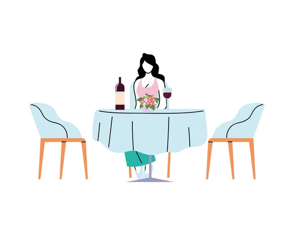 Vrouw zittend aan restaurant tafel met wijn en bloemen vector ontwerp — Stockvector