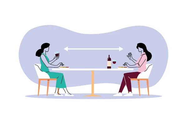 Soziale Distanzierung zwischen Frauen auf Restauranttischen — Stockvektor