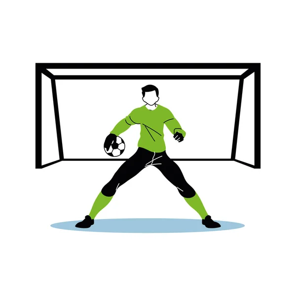 Portiere di calcio uomo giocatore con palla e progettazione vettoriale obiettivo — Vettoriale Stock