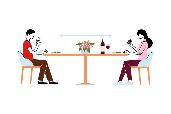 Distanciamento social entre mulher e homem na mesa de restaurante design vetorial — Vetor de Stock