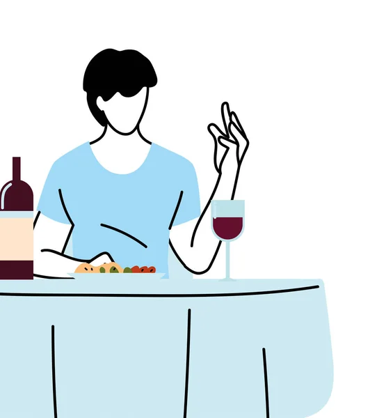 Человек, сидящий за столом ресторана с векторным дизайном вина и тарелок — стоковый вектор