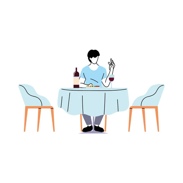 Homem sentado na mesa do restaurante com vinho e placa vetor design —  Vetores de Stock