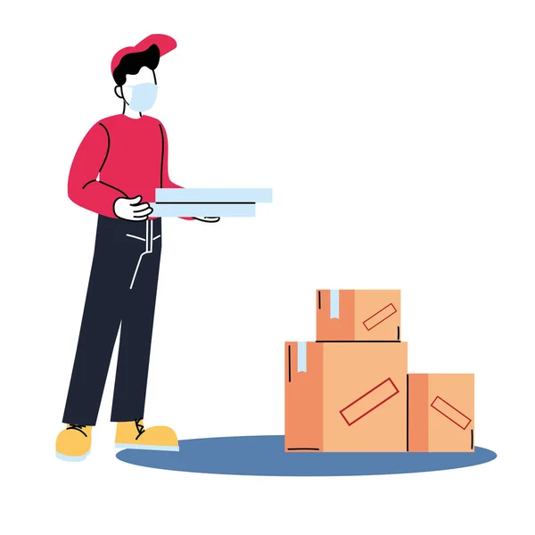 Delivery man with mask and boxes vector design — Stock Vector