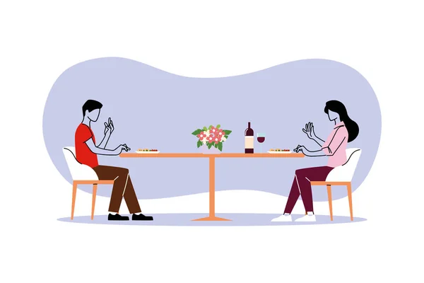 Mujer y hombre sentado en la mesa del restaurante con diseño de vectores de vino — Vector de stock