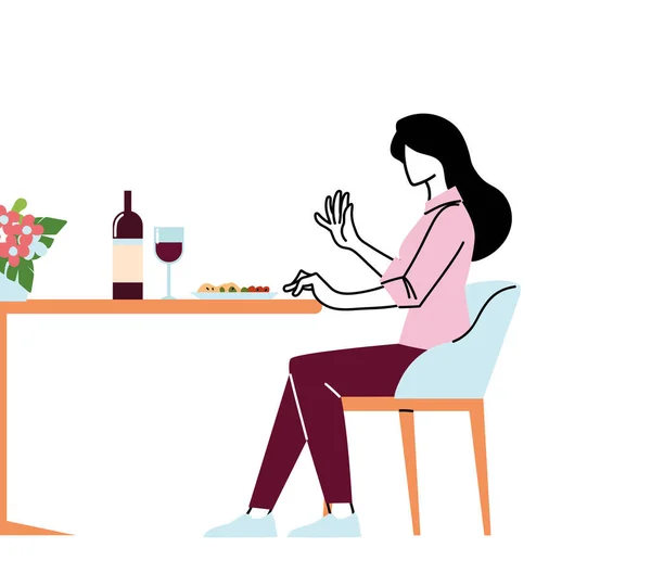 Mulher sentada à mesa do restaurante com design de vetor de vinho e placa —  Vetores de Stock