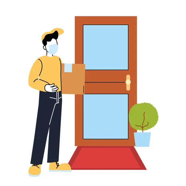 Hombre con máscara y caja exterior puerta vector diseño — Vector de stock