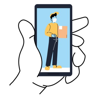 Teslimatçı ve kutu vektör tasarımcısı ile el ele tutuşmak