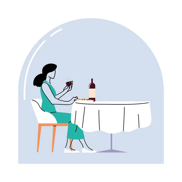 Kobieta siedząca przy stole restauracyjnym z winem i wektorem talerza — Wektor stockowy