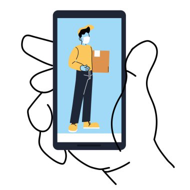 Teslimatçı ve kutu vektör tasarımcısı ile el ele tutuşmak