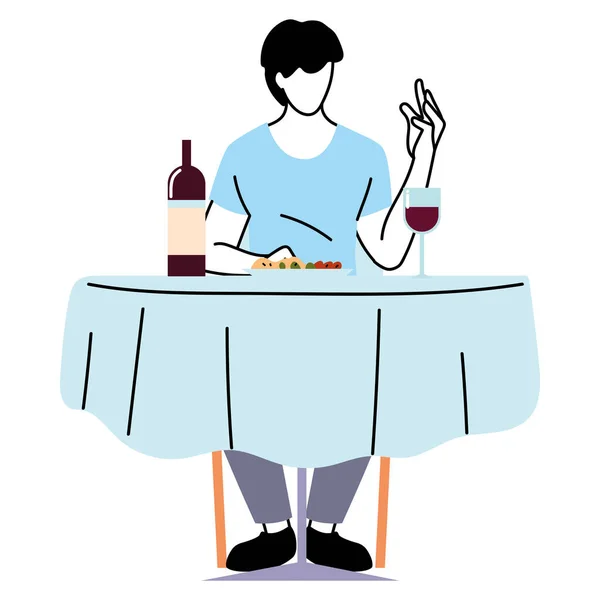 Hombre sentado en la mesa del restaurante con diseño de vectores de vino y platos — Vector de stock