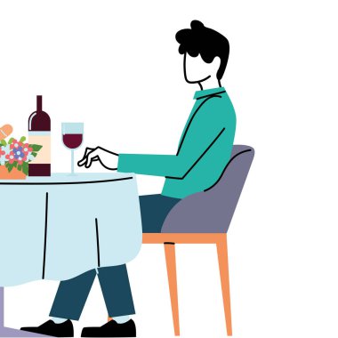 Restoran masasında oturan adam şarap ve çiçek vektör tasarımı yapıyor.