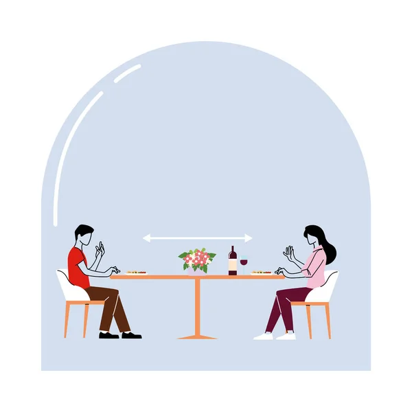 Odległość społeczna między kobietą i mężczyzną na stole restauracyjnym wektor projektowania — Wektor stockowy