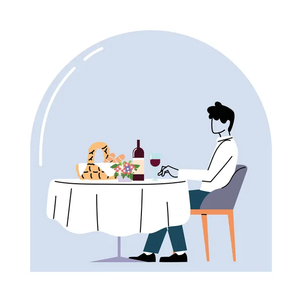 Man zittend aan restaurant tafel met wijn en brood mand vector ontwerp — Stockvector
