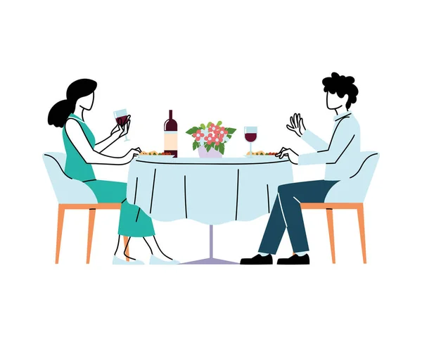 Woman and man sitting at restaurant table with wine vector design — Stock Vector