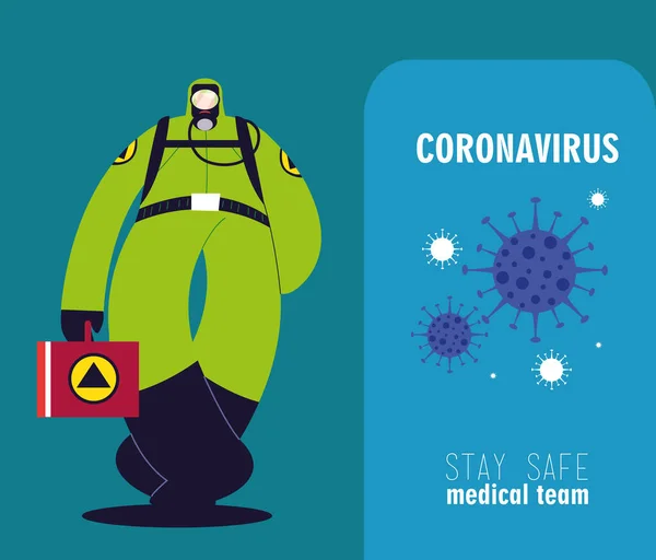 Équipe médicale de première ligne avec des combinaisons de protection pour éviter le coronavirus — Image vectorielle