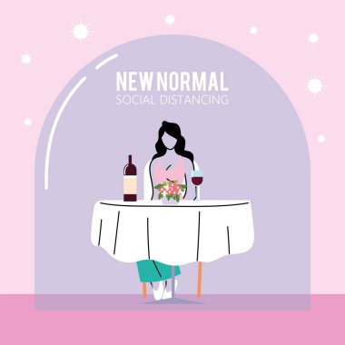 Sosyal uzaklık ve masa vektörü tasarımındaki kadın