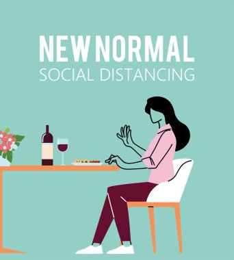 Sosyal uzaklık ve masa vektörü tasarımındaki kadın