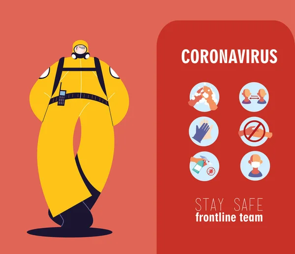 Pierwszy zespół medyczny przedstawia zalecenia w celu uniknięcia koronawirusu. — Wektor stockowy