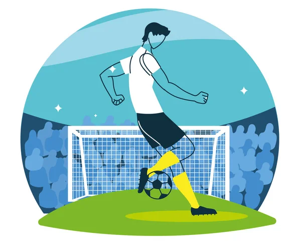 Fotbollsspelare man med boll framför mål vektor design — Stock vektor