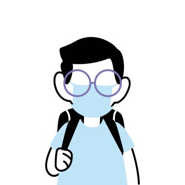 Maskeli çocuk okula geri dönüyor.