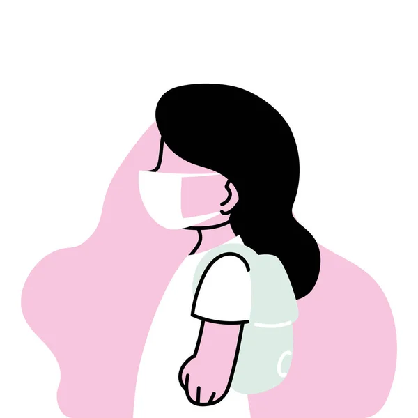 Chica con máscara volviendo a la escuela — Vector de stock