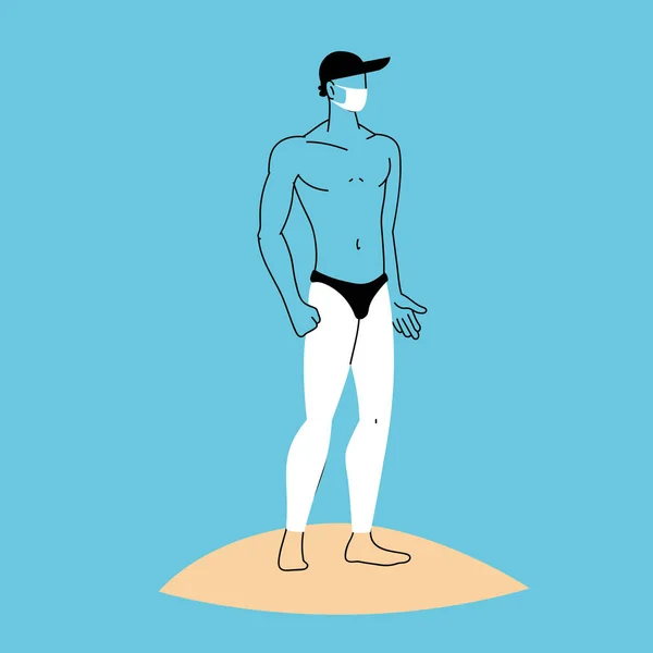 Mann am Strand trägt Gesichtsmaske — Stockvektor