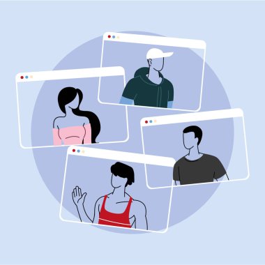 Video konferansında konuşan bir grup insan, sosyal uzaklık