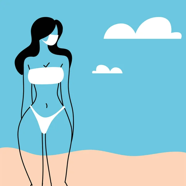 Жінка на пляжі в масці для обличчя — стоковий вектор
