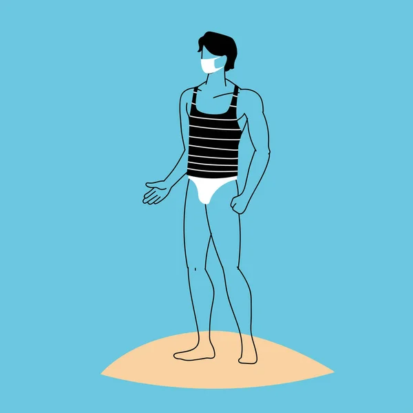 Man på stranden bär ansiktsmask — Stock vektor