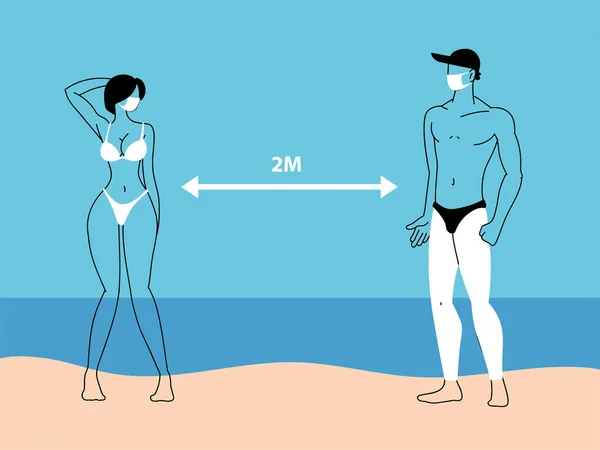 Pareja de personas en la playa mantener la distancia social — Vector de stock