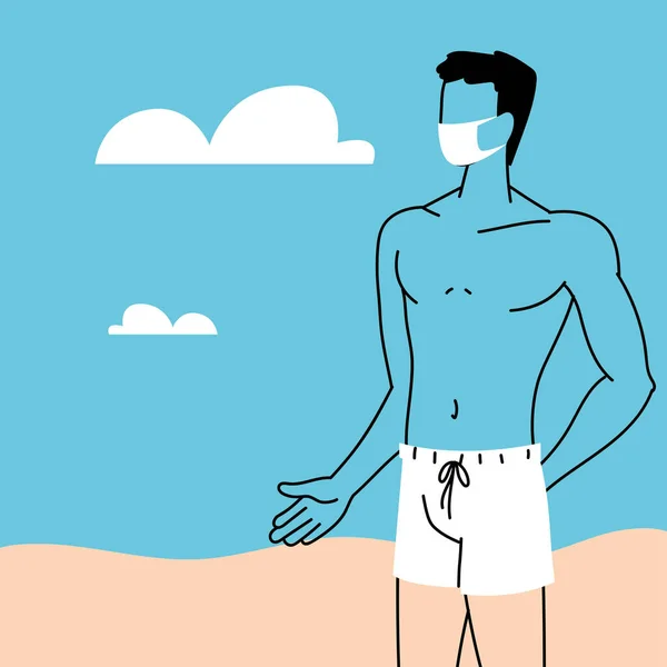 Homem na praia usando máscara facial — Vetor de Stock