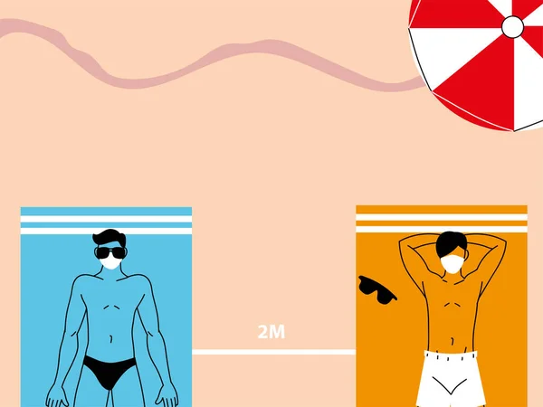 La gente se acuesta en toallas de playa a distancia, distanciamiento social — Vector de stock