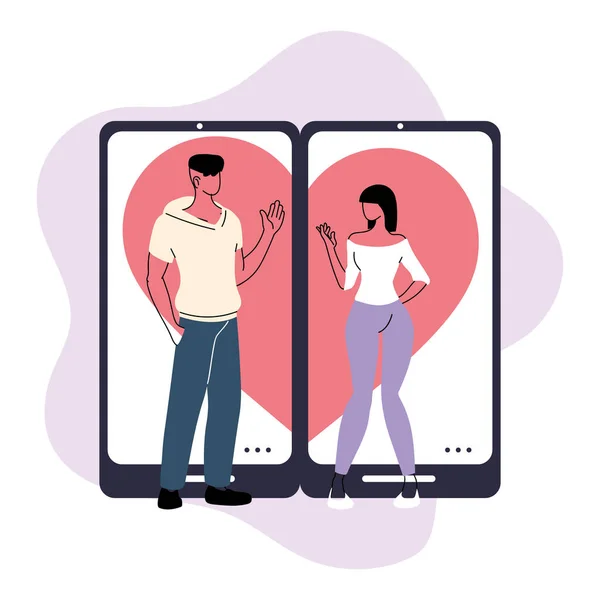 Kencan online, hubungan virtual dan cinta online, pasangan muda bertemu secara online - Stok Vektor