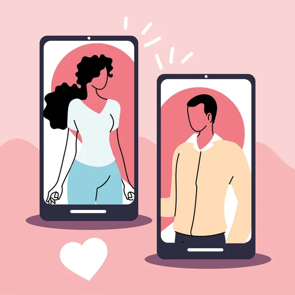 Rencontres en ligne, relation virtuelle et amour en ligne, jeune couple de personnes se rencontrent en ligne — Image vectorielle