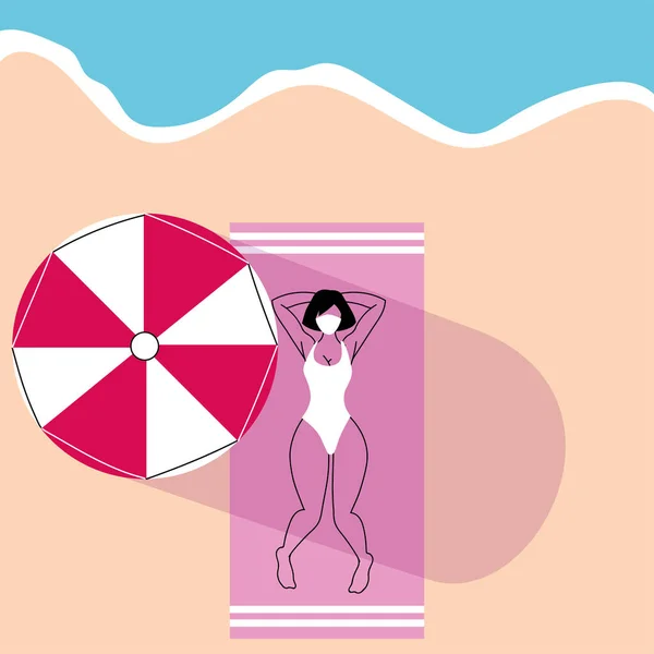 Mulher banhos de sol na praia em uma máscara —  Vetores de Stock