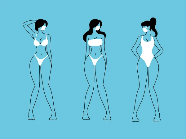 Mujeres en la playa con mascarilla — Vector de stock