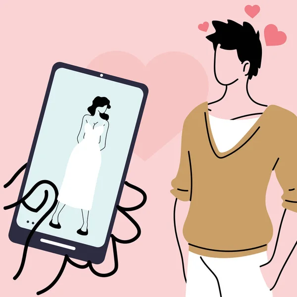 Incontri online, relazione virtuale e amore online, giovani coppie di persone che si incontrano online — Vettoriale Stock