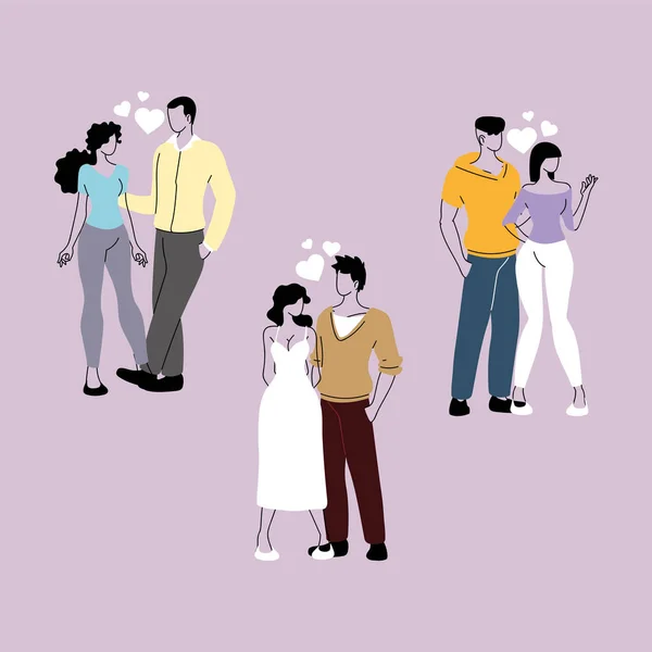 Paar mensen in de liefde set, romantische en gelukkige koppels, dating, knuffels en kussen — Stockvector