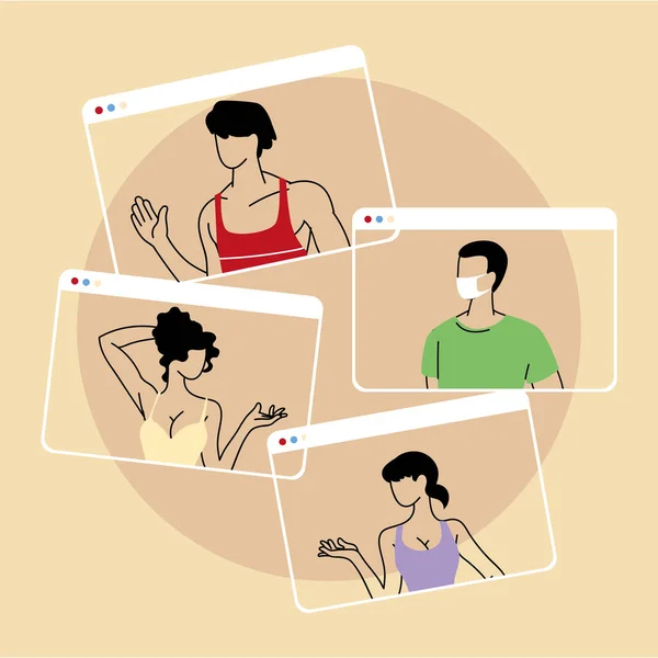 Groupe de personnes parlant dans vidéocall conférence, distance sociale — Image vectorielle