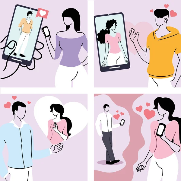 Online dating set, virtuele relatie en online liefde — Stockvector