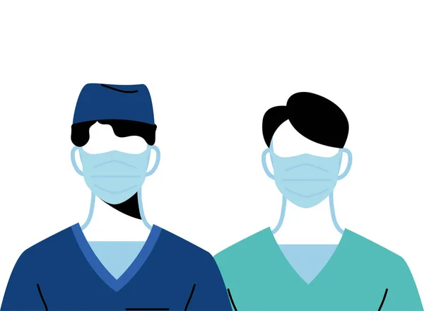 Jovens médicos profissionais usando máscaras faciais — Vetor de Stock