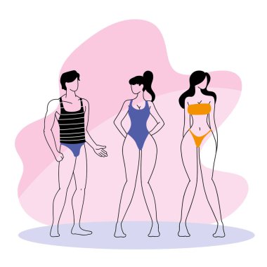 Yazın maske ve mayo giyen insanlar.