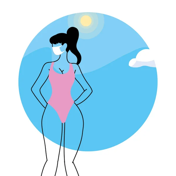 Mujer con máscara en playa de verano — Vector de stock