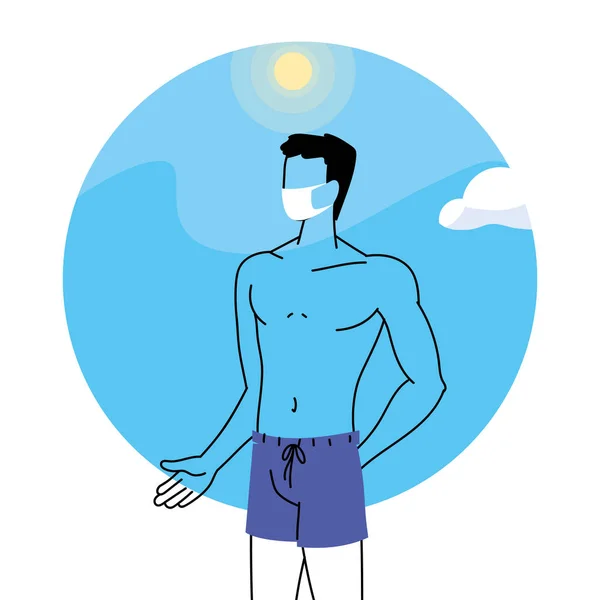 Homme avec masque à la plage de l'été — Image vectorielle
