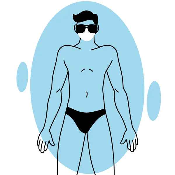 Hombre con máscara y en traje de baño en verano — Vector de stock