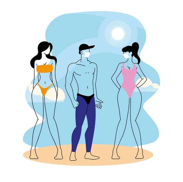 Personas con máscara y traje de baño en las vacaciones de verano — Vector de stock