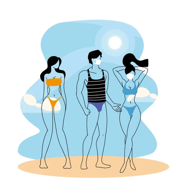 Personas con máscara y traje de baño en las vacaciones de verano — Vector de stock